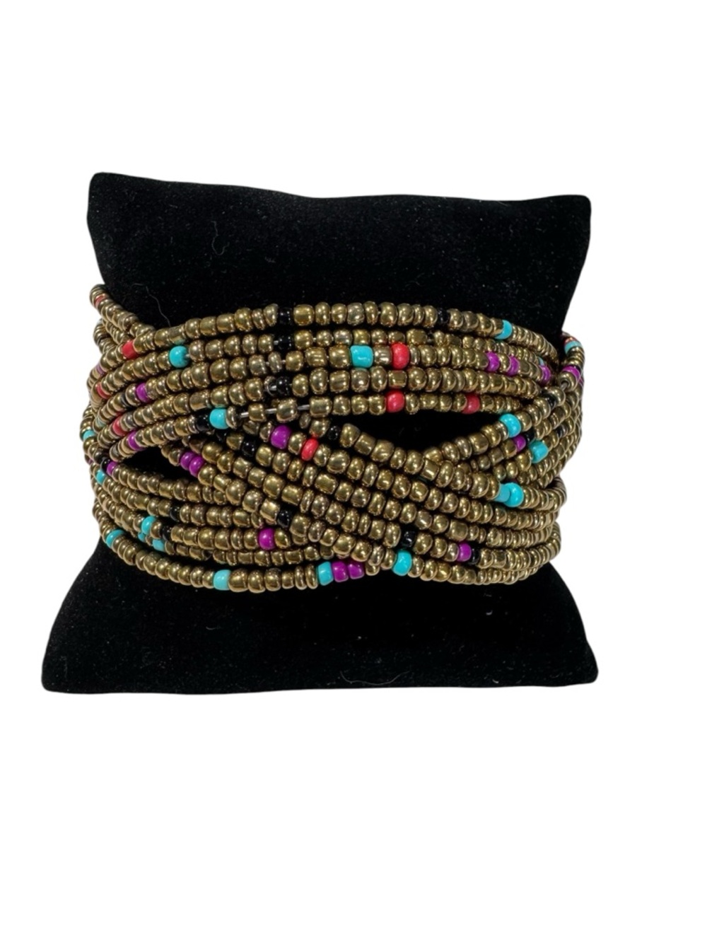 Multi-Strand Gold Beaded Turquoise & Fuchsia Accents Cuff Bracelet 1.5" Wide